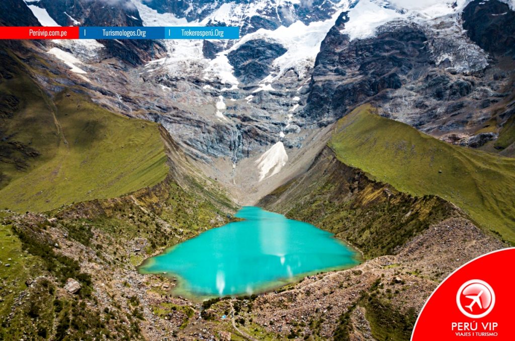 Aerial view of Humantay lake in Peru on Salcantay mountain in the Andes